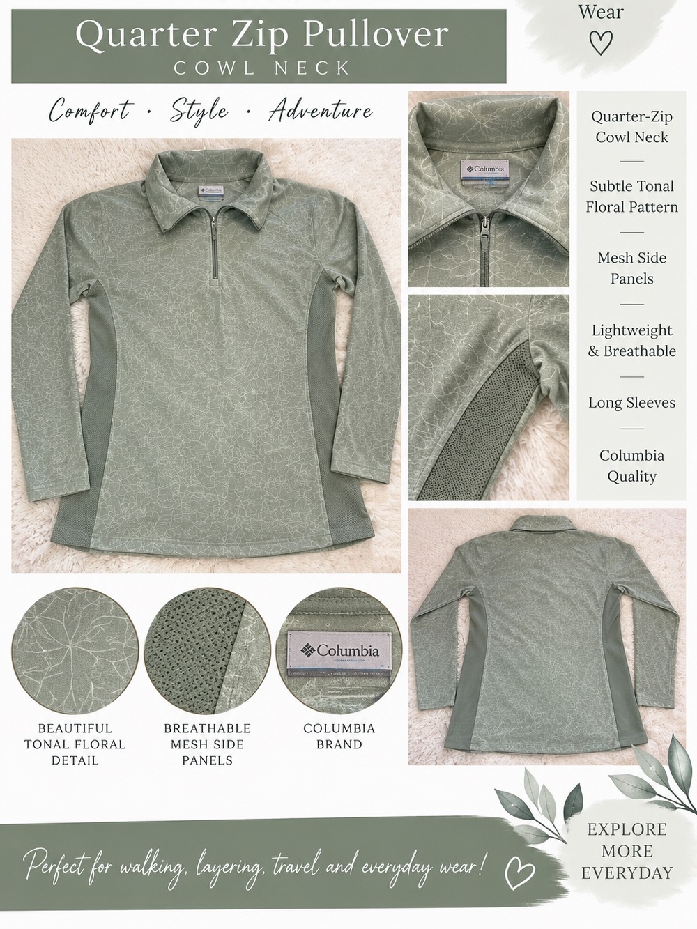 Columbia Women’s Sage Green Floral Quarter Zip Pullover Cowl Neck